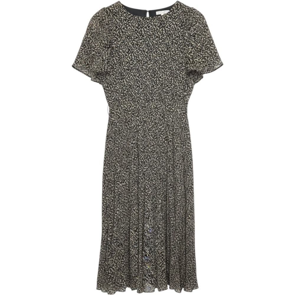 Baltic Born Black Tan Leaf Print Pleated Midi Dress Short Sleeve PSD3505-FL M